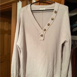 LA MIEL V-Neck Waffle knit with Button Accents - Light Gray